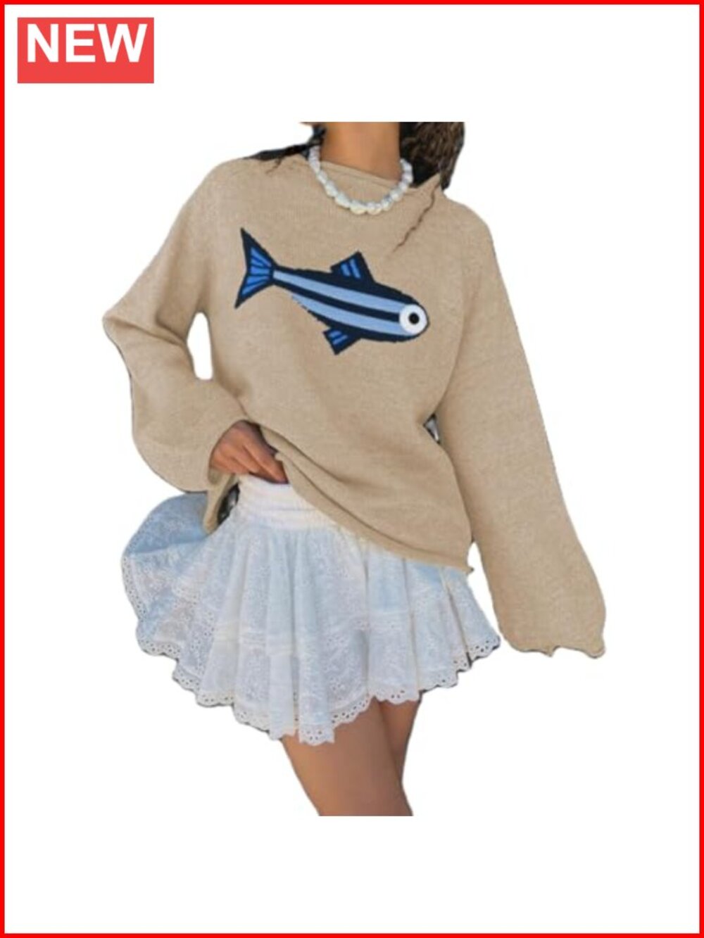 Rib Knit Fish Graphic Sweater Crew Neck Oversized Vintage Pullover